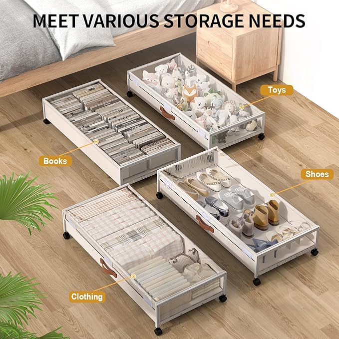 Under Bed Storage Containers with Wheels Large Underbed Shoes Blankets Clothes Toy Storage Drawers for College Dorms Bedrooms Nursery Rooms Organization (White 2 Pack, 7.5in height(36"x16.6"x7.48"))