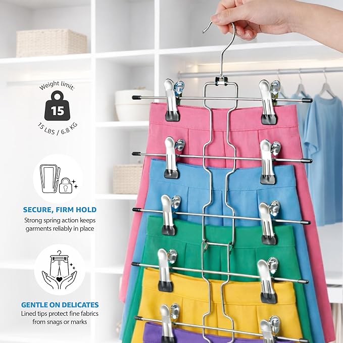 ZOBER 3-Pack 6-Tier Skirt Hangers with Clips - Pants Hangers with Clips Space Saving, Closet Organization, Swivel Hooks, College Dorm Essentials, Skirt Hangers for Women, Jeans Organizer for Closet