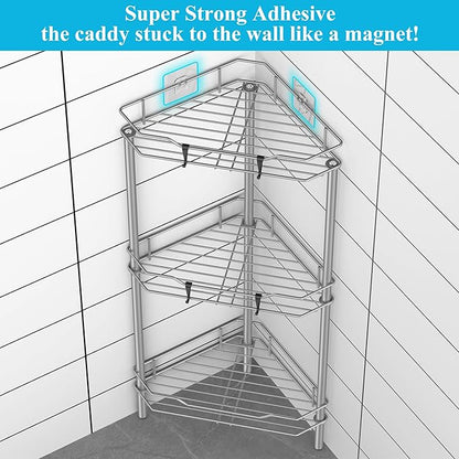 HuggieGems 3 Tier Floor Standing Corner Shower Caddy Organizer Shelf with Hooks, Bathroom Shelves Stand Rack, Gray