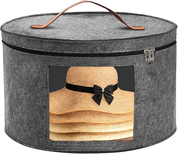 Hat Boxes for Women/Men Storage, 16" D x 10" H, Round Hats Storage Box Container for Closet, Clothes Storage Bin for Stuffed Animal Toy, Foldable Caps Organizer for Travel with Dustproof Lid (Grey)