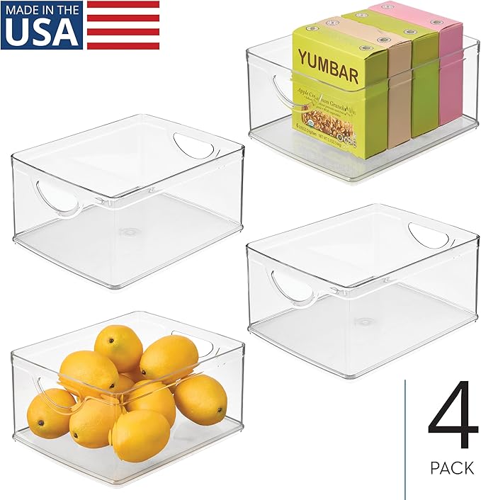 iDesign Plastic Stackable Kitchen Cabinet Storage Bin with Handles - Clear Pantry Organizer, 4-Pack