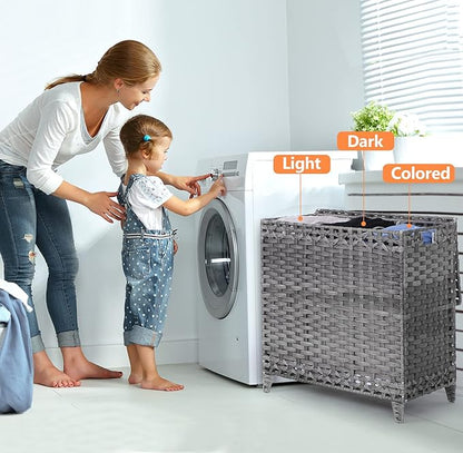 Laundry Hamper with 3 Removable Liner Bags; 132L Handwoven Rattan Laundry Basket with Lid & Heightened Feet; Clothes Hamper with Side Handles; Laundry Sorter with 3 Separate Sections