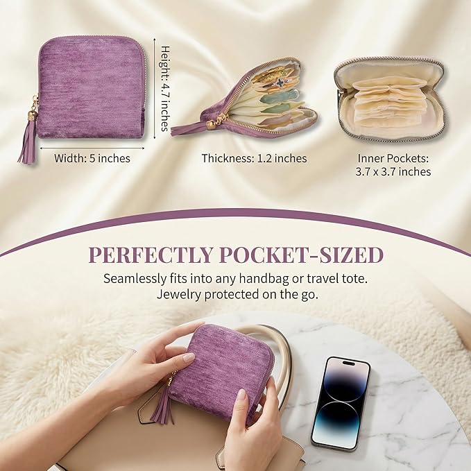 Vintage women's coin wallet jewelry storage bag, metal zipper multi-layer travel storage box, earrings, rings, necklaces, elegant storage bag, neutral Christmas and birthday gifts (violet)