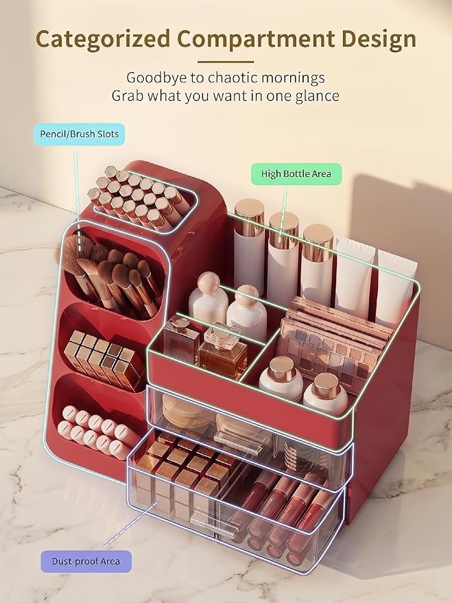 Booklov Makeup Organizer for Vanity, Large Capacity Cosmetic Display Case with Clear Acrylic Drawers, Countertop Beauty Storage Holder for Skincare, Brush Eyeshadow Lipstick, Counter Desk, Crystal Red