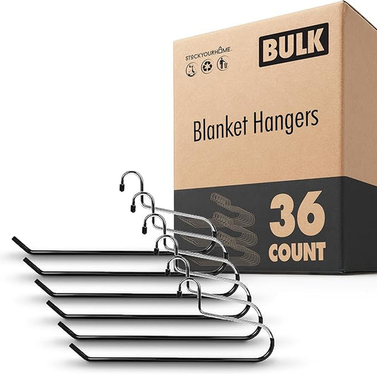 Blanket Hangers Set of 36 Heavy Duty Stainless Steel Hanger with Black Vinyl Nonslip Coating - Great for Closet Storage of Quilts, Comforters, Bedding, Table Cloths, Towels, Rugs and Sleeping Bags