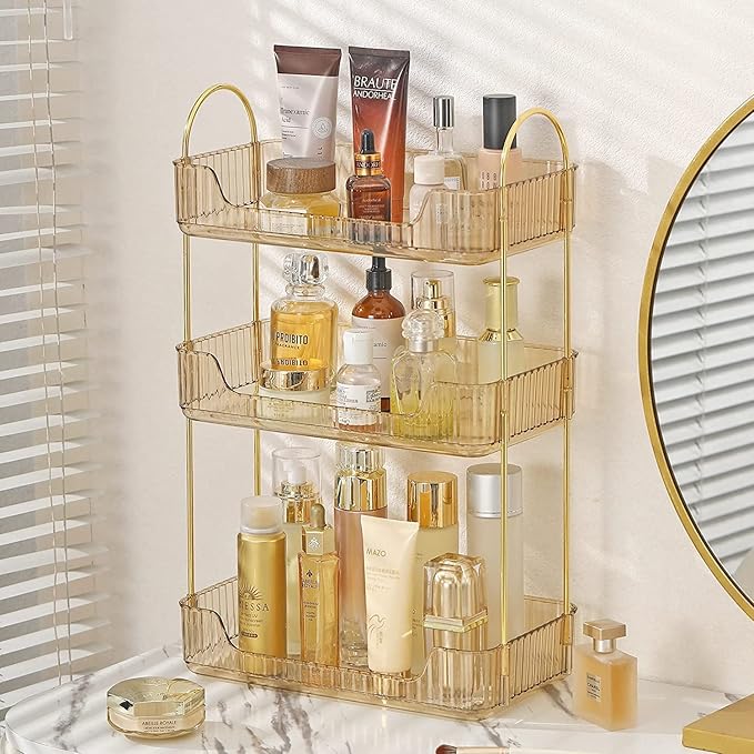 shuang qing 3 Tier Bathroom Counter Organizer Countertop Storage, Cosmetics Skincare Shelf Organizer, Makeup Organizer Perfume for Dresser Vanity Tray, Spice Rack Organizer for Kitchen - Gold