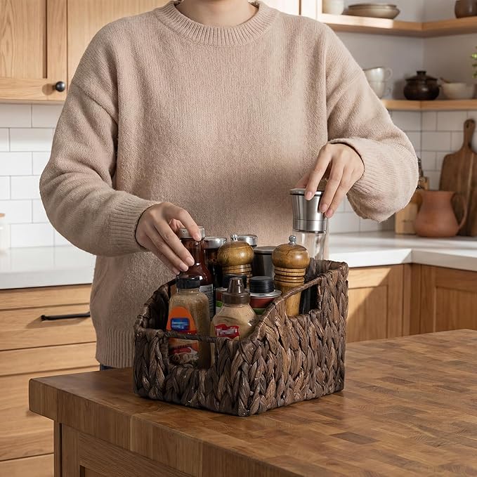 StorageWorks Pantry Baskets for Organizing, Water Hyacinth Storage Baskets for Shelves, Small basket with Built-in Handles, Pantry Organizers and Storage, Brown, Set of 2