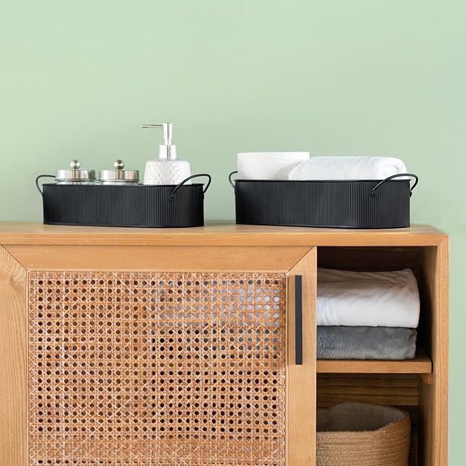 Mkono Metal Storage Basket for Toilet Tank Top Bathroom Decor, Galvanized Tray with Handle for Shelves, Farmhouse Toilet Paper Holder Organizing Bin Box for Countertop Living Room, Set of 2, Black