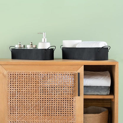 Mkono Metal Storage Basket for Toilet Tank Top Bathroom Decor, Galvanized Tray with Handle for Shelves, Farmhouse Toilet Paper Holder Organizing Bin Box for Countertop Living Room, Set of 2, Black