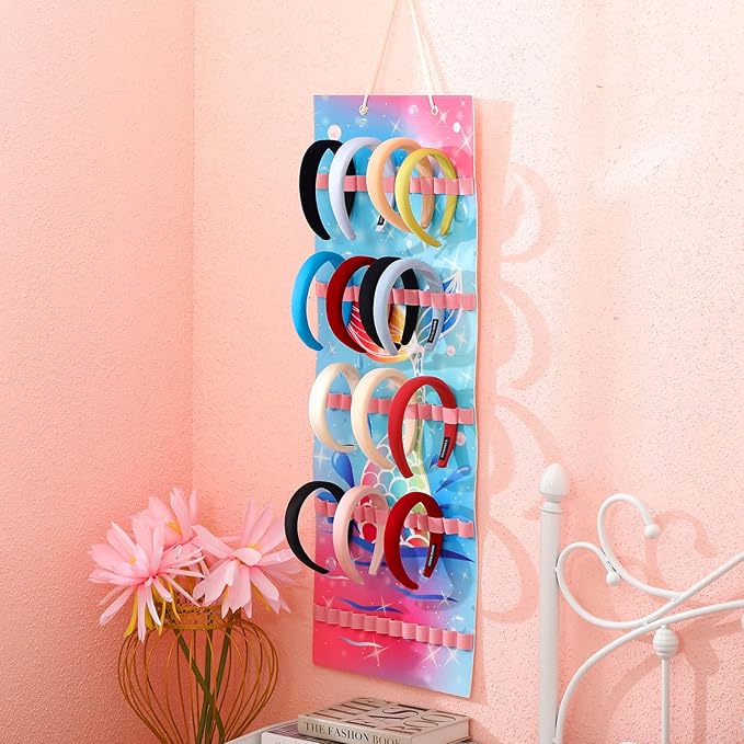 Tudomro Hanging Headband Holder for Girls Felt Hair Accessories Organizer with 60 Elastic Bands Bow Hanger for Girls Hair Bows Without Headbands(Bright Color,Mermaid)