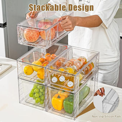 6Pack Pantry Organizers and Storage,Clear Stackable Kitchen Storage Organizer,Foods Organizer Bins with Handles, Easily Assemble for Bathroom, Kitchen, Refrigerator, Pantry, Cabinet, Closet
