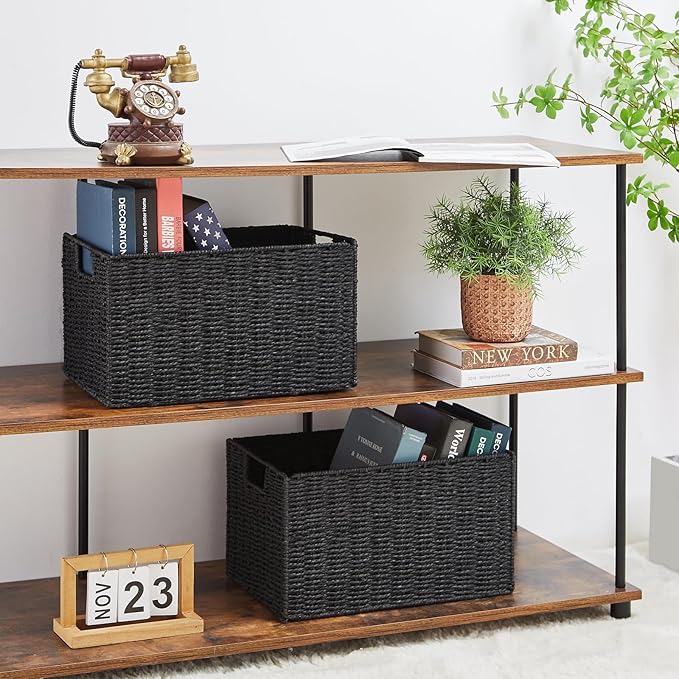Vagusicc Wicker Storage Basket, Set of 2 Hand-Woven Paper Rope Wicker Basket, Small Storage Baskets for Organizing Toilet Paper Baskets, Foldable Large Cube Storage Organizer Bin for Shelves (Black)