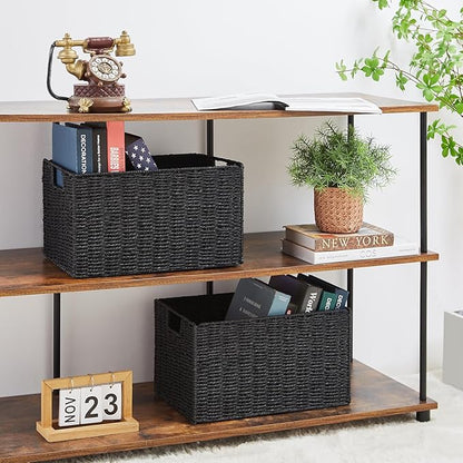 Vagusicc Wicker Storage Basket, Set of 2 Hand-Woven Paper Rope Wicker Basket, Small Storage Baskets for Organizing Toilet Paper Baskets, Foldable Large Cube Storage Organizer Bin for Shelves (Black)