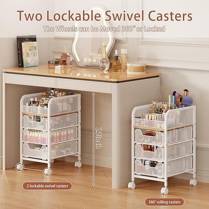 Rolling Makeup Cart Organizer with 3 Drawers, 4-Tier Narrow Floor Skincare Organizers with dividers, Vanity Organizer Cosmetics Display Cases for Makeup Brush, Hair Tool, White