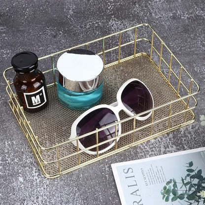 Gold Wire Baskets, 9.6 x 6.5in Metal Storage Basket Desktop Bathroom Sink Counter Toilet Storage Toilet Tank Topper Organizer Tray for Pantry Kitchen