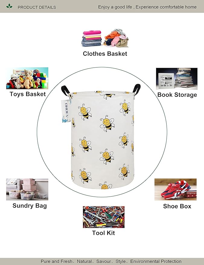 Cute Bee Laundry Basket, Collapsible Laundry Hamper for Girls, Sweet Honey Bee Round Storage Bin, Waterproof Toy Storage for Kids Room, Nursery, Playroom, New Parent Gift (Bee)