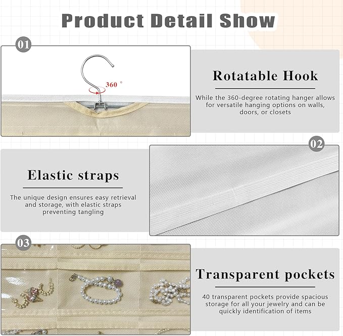 Hanging Jewelry Organizer Storage, 40 Pockets 36 Hooks Necklace Earring Bracelet Ring Organizer, Double - Sided Design, White and Beige