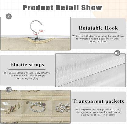 Hanging Jewelry Organizer Storage, 40 Pockets 36 Hooks Necklace Earring Bracelet Ring Organizer, Double - Sided Design, White and Beige