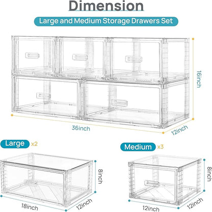 Vtopmart 5 Pack Large & Medium Stackable Drawer Organizer Set, 108QT Easy Assembly Clear Plastic Storage Cabinet, Durable Dresser for Closet, Bedroom, Entryway, Playroom & Apartment Organization