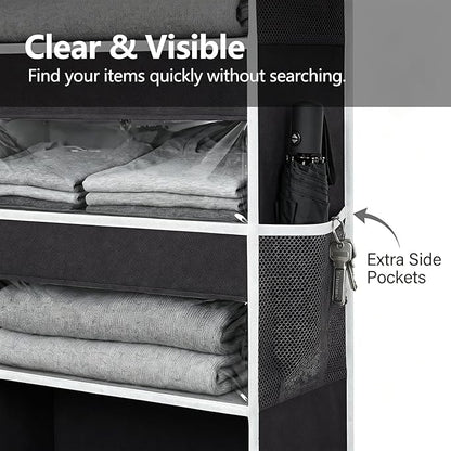 Over the Door Organizer, 5 Large Pockets Hanging Storage with Clear Windows, 10 Mesh Side Pockets, Holds Up to 44 lbs, Behind Door Organizer for Toys, Clothes, Nursery, Closet, Dorm, Black