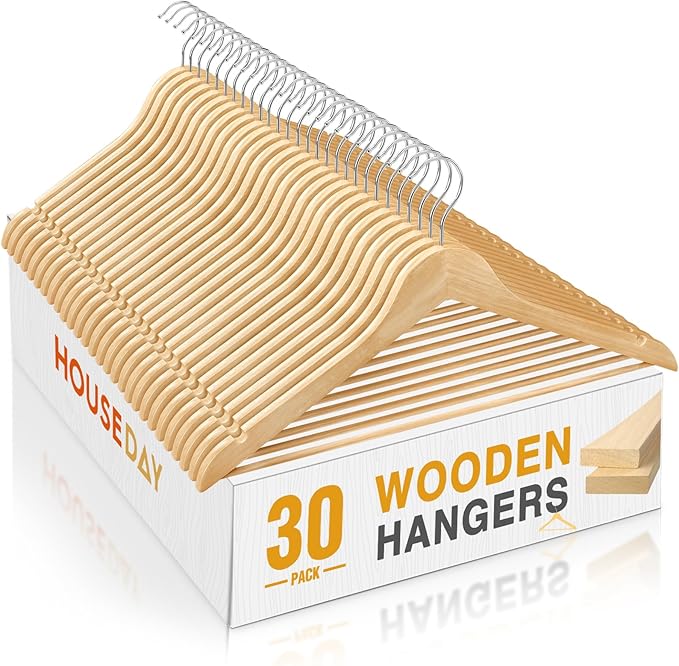 HOUSE DAY Slim Wooden Hangers 30 Pack, Solid Wood Hanger with Non Slip Shoulder Notches & Pant Bar, Smooth Finish Wood Clothes Hangers for Shirts, Suits, Jackets, Natural