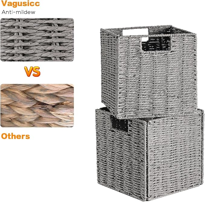 Vagusicc Wicker Storage Basket, Set of 2 Hand-Woven Storage Baskets for Shelves with Handles, Foldable Cube Storage Baskets Bins Organizer 13 inch Large Wicker Baskets for Pantry Bedroom Decor, Grey