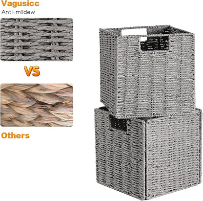 Vagusicc Wicker Storage Basket, Set of 2 Hand-Woven Storage Baskets for Shelves with Handles, Foldable Cube Storage Baskets Bins Organizer 13 inch Large Wicker Baskets for Pantry Bedroom Decor, Grey