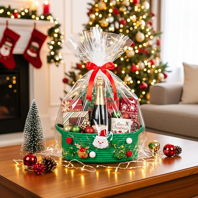 ShellKingdom Storage Basket with Handles, Empty Gift Basket with Gift Bags and Ribbon for Christmas, Small Woven Baskets for Home, Nursery Storage Organizer, 12 X 8 X 5 INCH, Christmas Green