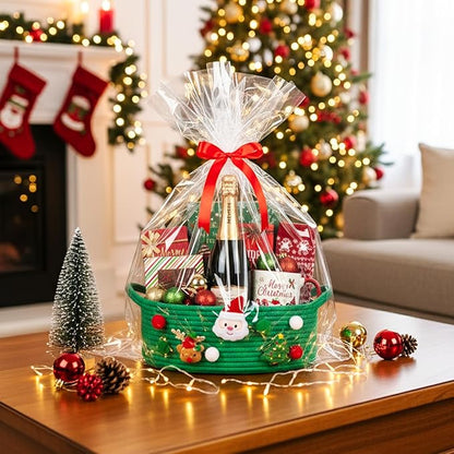 ShellKingdom Storage Basket with Handles, Empty Gift Basket with Gift Bags and Ribbon for Christmas, Small Woven Baskets for Home, Nursery Storage Organizer, 12 X 8 X 5 INCH, Christmas Green