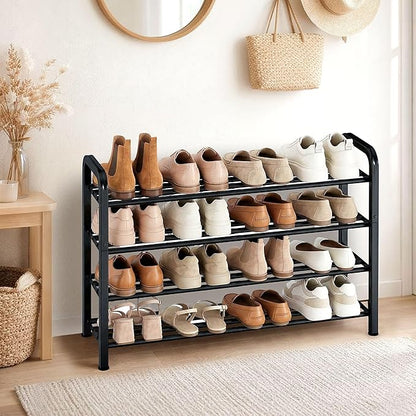 STORAGE MANIAC 4-Tier Expandable Shoe Rack, 16 Pairs Adjustable Shoe Shelf for Closet, Entryway, Hallway, Garage, Dorm, Heavy-duty Metal Shoe Organizer for Small Space, Black