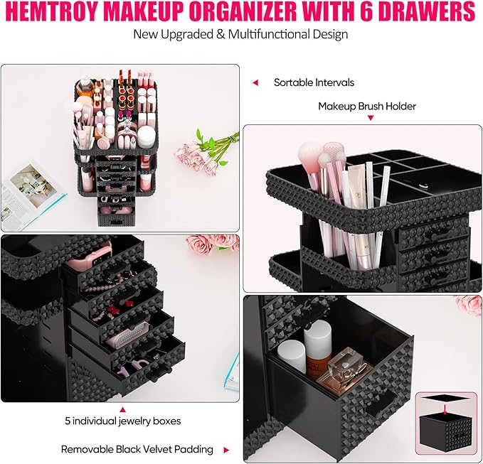 Rotating Makeup Organizer with 6 Drawers[New Updated], Multifunctional Cosmetics Organizer for Vanity Countertop, Square Jewelry Storage, Skincare Organizer for Makeup Holder (Plus Size-Black)