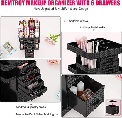 Rotating Makeup Organizer with 6 Drawers[New Updated], Multifunctional Cosmetics Organizer for Vanity Countertop, Square Jewelry Storage, Skincare Organizer for Makeup Holder (Plus Size-Black)