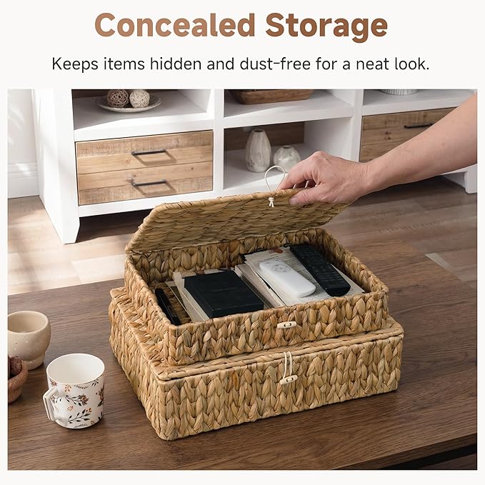 StorageWorks Wicker Basket with Lid, Flat Wicker Storage Bins with Lids, Large Storage Basket with Lid, Water Hyacinth Baskets for Shelves, Woven Baskets with Lids, Decorative Box