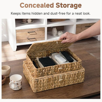 StorageWorks Wicker Basket with Lid, Flat Wicker Storage Bins with Lids, Large Storage Basket with Lid, Water Hyacinth Baskets for Shelves, Woven Baskets with Lids, Decorative Box