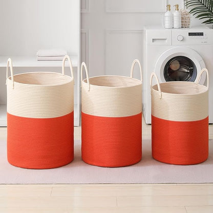 Woven Laundry Hamper Tall Rope Storage Basket for Blanket oys Dirty Clothes in Living Room Bathroom Bedroom (White&Orange, 60L/15.8Gal)