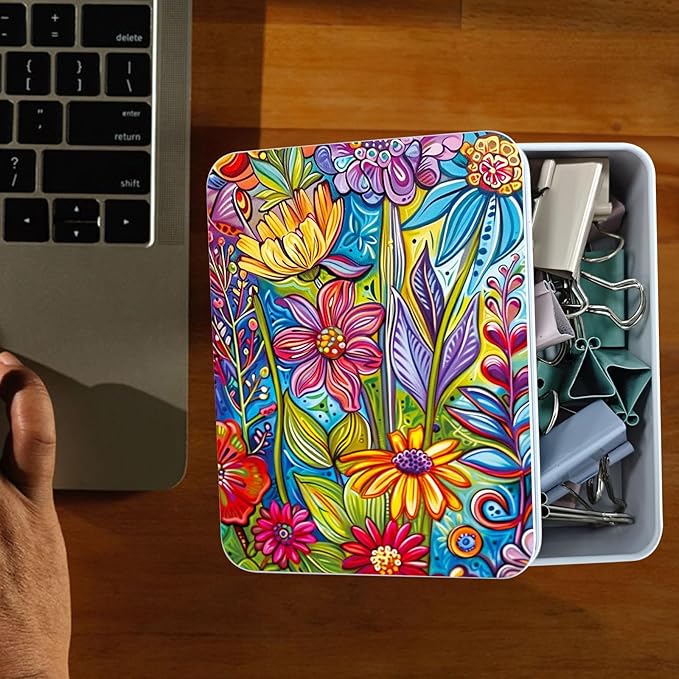 Metal Tin Box Sturdy Metal Storage Box with Lid, Large Container Holder for TCG Cards,Car Keys,Cookies,Tin Containers for Gift,5.0x3.7x1.6 Inch,Exquisite Pattern Design(Colorful Flowers)