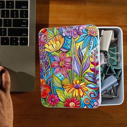 Metal Tin Box Sturdy Metal Storage Box with Lid, Large Container Holder for TCG Cards,Car Keys,Cookies,Tin Containers for Gift,5.0x3.7x1.6 Inch,Exquisite Pattern Design(Colorful Flowers)