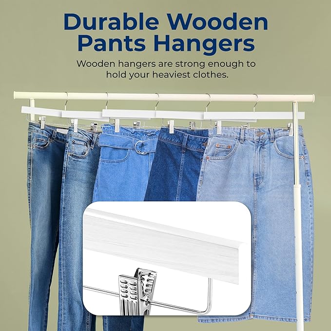 SereneLife 10 Pack Skirt and Pant Hanger with Adjustable Non-Slip Steel Clips, Premium Wooden, 360° Swivel Hook & 10 lb Capacity – Space-Saving Heavy-Duty Hangers for Jeans, Shorts & Slacks (White)