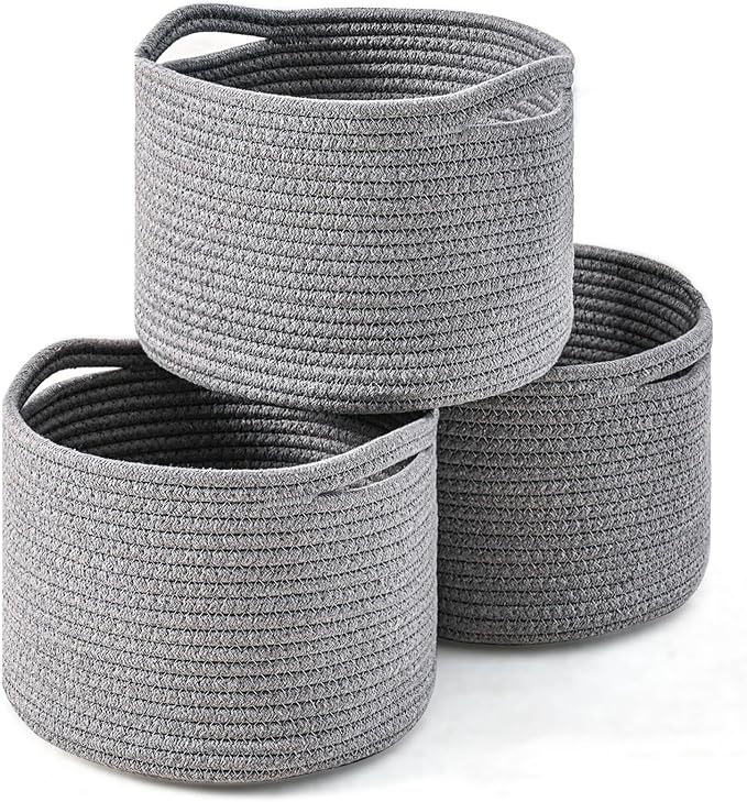 ICERZCZ Small Storage Baskets for Organizing, Organizer Baskets for Shelves, Small Woven Basket for Storage, Cute Basket for Gifts Empty, Soft Cotton Rope Baskets, 9.7"×9.7"×7" (3 Packs) Grey