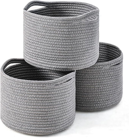 ICERZCZ Small Storage Baskets for Organizing, Organizer Baskets for Shelves, Small Woven Basket for Storage, Cute Basket for Gifts Empty, Soft Cotton Rope Baskets, 9.7"×9.7"×7" (3 Packs) Grey