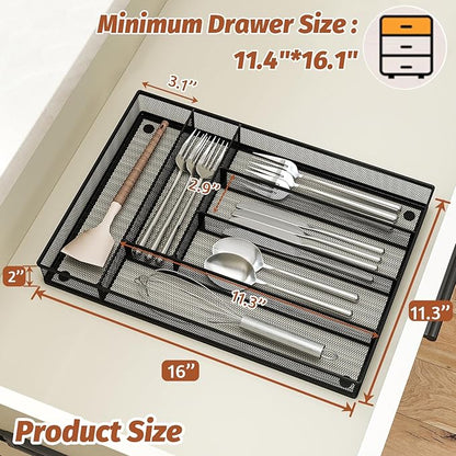 Sedegn Silverware Organizer Metal Mesh, Large Drawer Organizer, Utensil Cutlery Tray for kitchen drawers, Flatware Organizer with 6 Compartment, Black (11.3”*16“)
