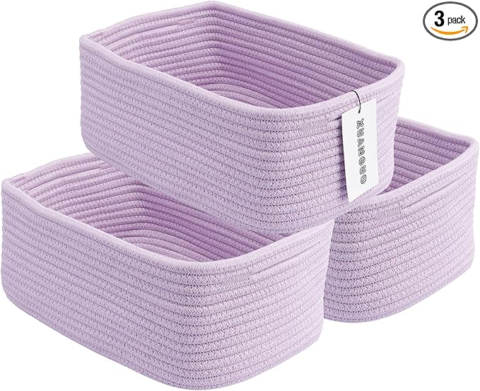 XUANGUO Small Woven Storage Baskets 12“X8”X5“ Decorative Rope Bins for Organizing Shelves, Closets, and Toys, Empty Gift Baskets, Cute Organizer Basket for Home and Office (purple, regular)