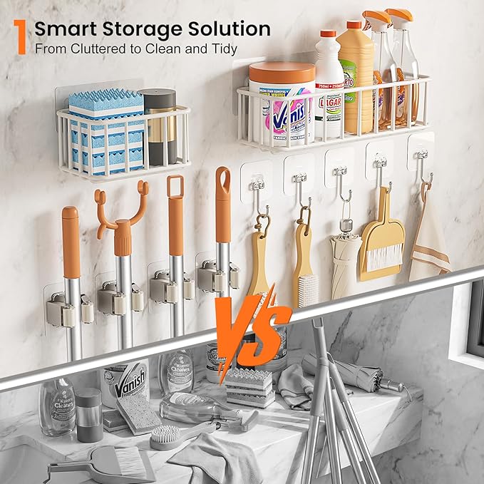 11 Pack Broom Holder Wall Mount Self Adhesive,Broom and Mop Organizer Wall Hanging with Cleaning Supplies Organizer and Utility Hooks Grippers,Broom Hanger Storage Rack for Closet Cabinet Laundry Room