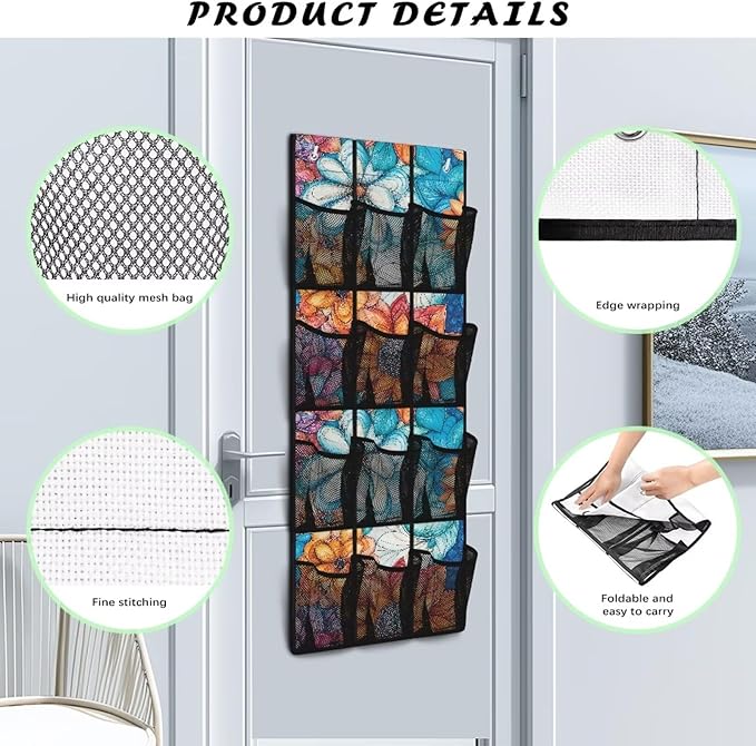 Bohemian Over The Door Shoe Organizer Space Saving Foldable Hanging Storage Holder 12 Mesh Pockets for Kitchen, Office, Dorm Rooms