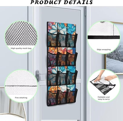 Bohemian Over The Door Shoe Organizer Space Saving Foldable Hanging Storage Holder 12 Mesh Pockets for Kitchen, Office, Dorm Rooms