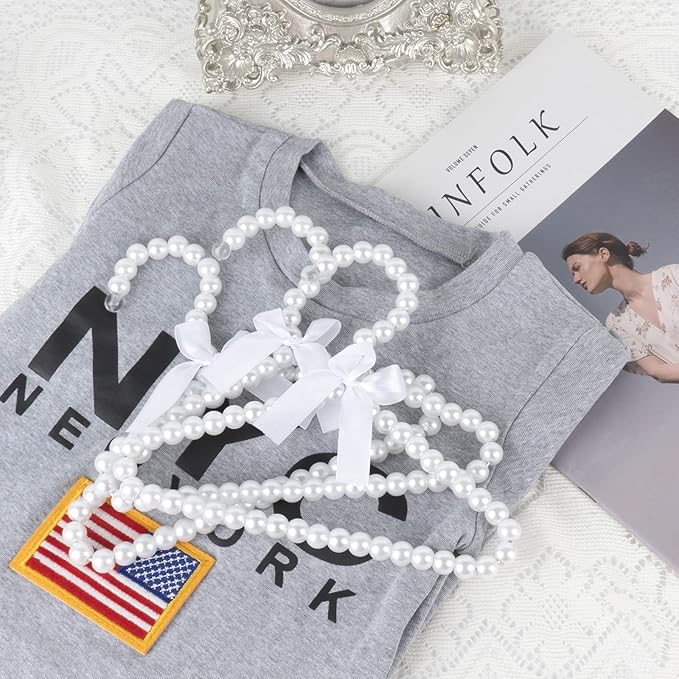Adorila 5 Pack Pearl Hanger Kids, Small Pearl Beads Bow Clothes Hangers, Elegant Standard Hangers for Children Pet Dog (White)