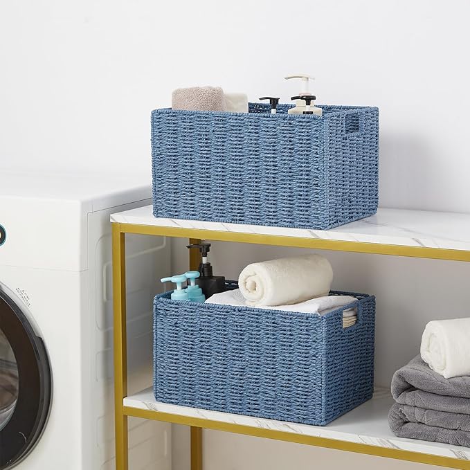Vagusicc Wicker Storage Basket, Set of 2 Hand-Woven Paper Rope Wicker Basket, Large Storage Baskets for Organizing Toilet Paper, Foldable Cube Storage Organizer Bins for Shelves (Blue)