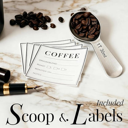 STYLED SETTINGS Vacuum Coffee Container Set – 2 Piece Coffee Jars with Lids for Beans or Grounds, White and Gold Stainless Steel Storage Canisters, Scoop & Labels Included – Coffee Gift Set