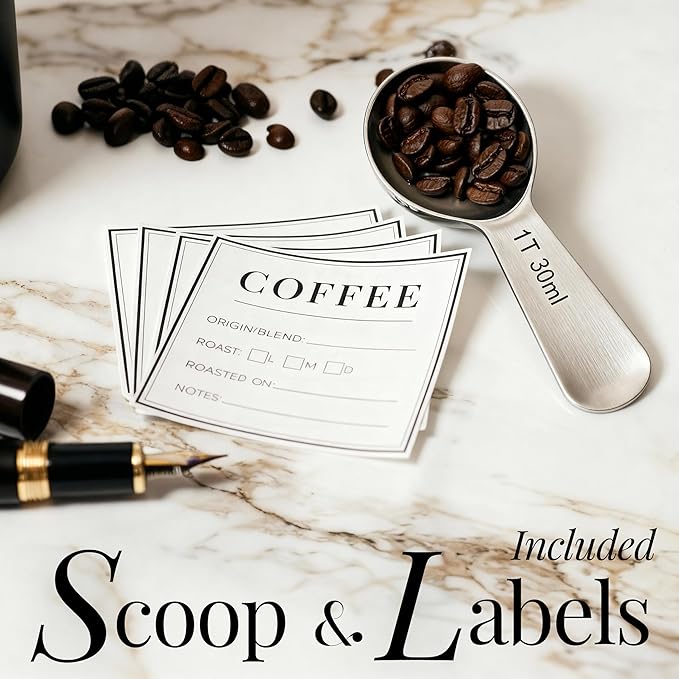STYLED SETTINGS Coffee Bar Canisters Set of 2 – Vacuum Coffee Canisters with Airtight Lids & Scoop, Black & Gold Stainless Steel Food Storage Containers for Beans or Grounds – Coffee Lover Gifts