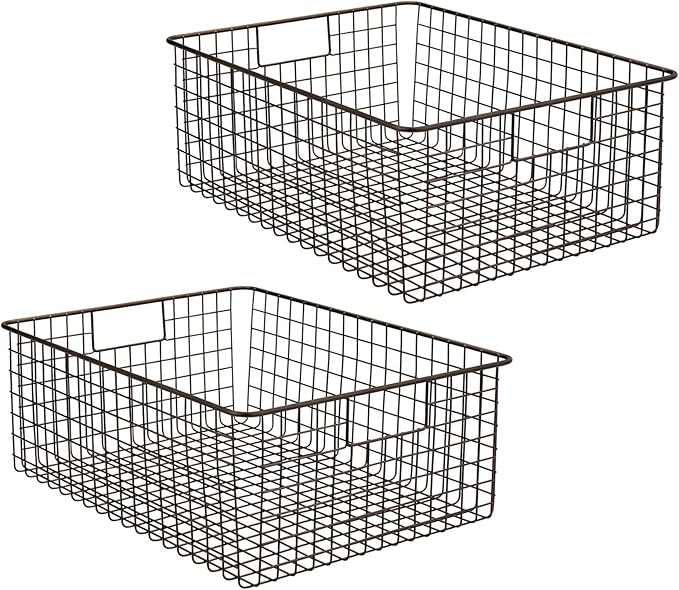 mDesign Metal Wire Food Storage Basket Organizer with Handles for Organizing Kitchen Cabinets, Pantry Shelf, Bathroom, Laundry Room, Closets, Garage - Concerto Collection - 2 Pack - Bronze